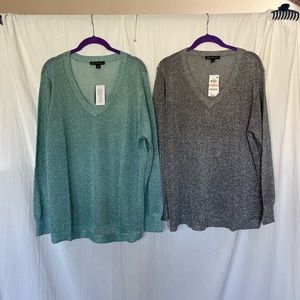 INC International Concepts Women’s V-Neck Metallic Sweater 2X Silver Or Green.